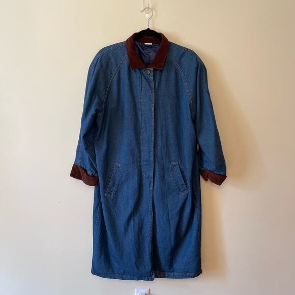 70s Vintage XXL long sleeve trench coat blue denim corduroy brown button down - Picture 1 of 7